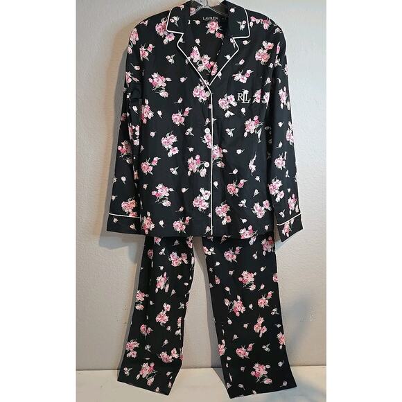 Lauren Ralph Lauren Other - Lauren Ralph Lauren XS Pajama Set Cotton Black Floral Pants Top Logo NEW